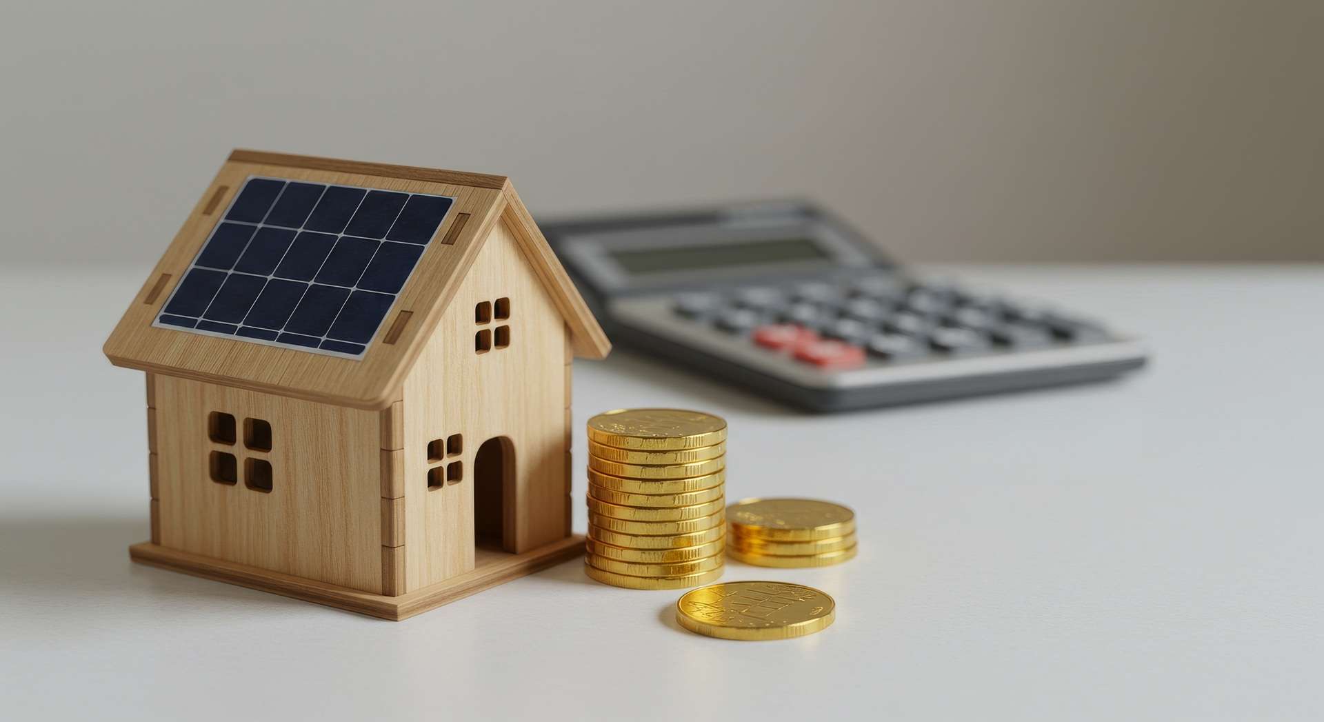 Miniaturhaus mit Solarpanel und Geldstapel | SMA Hybrid 