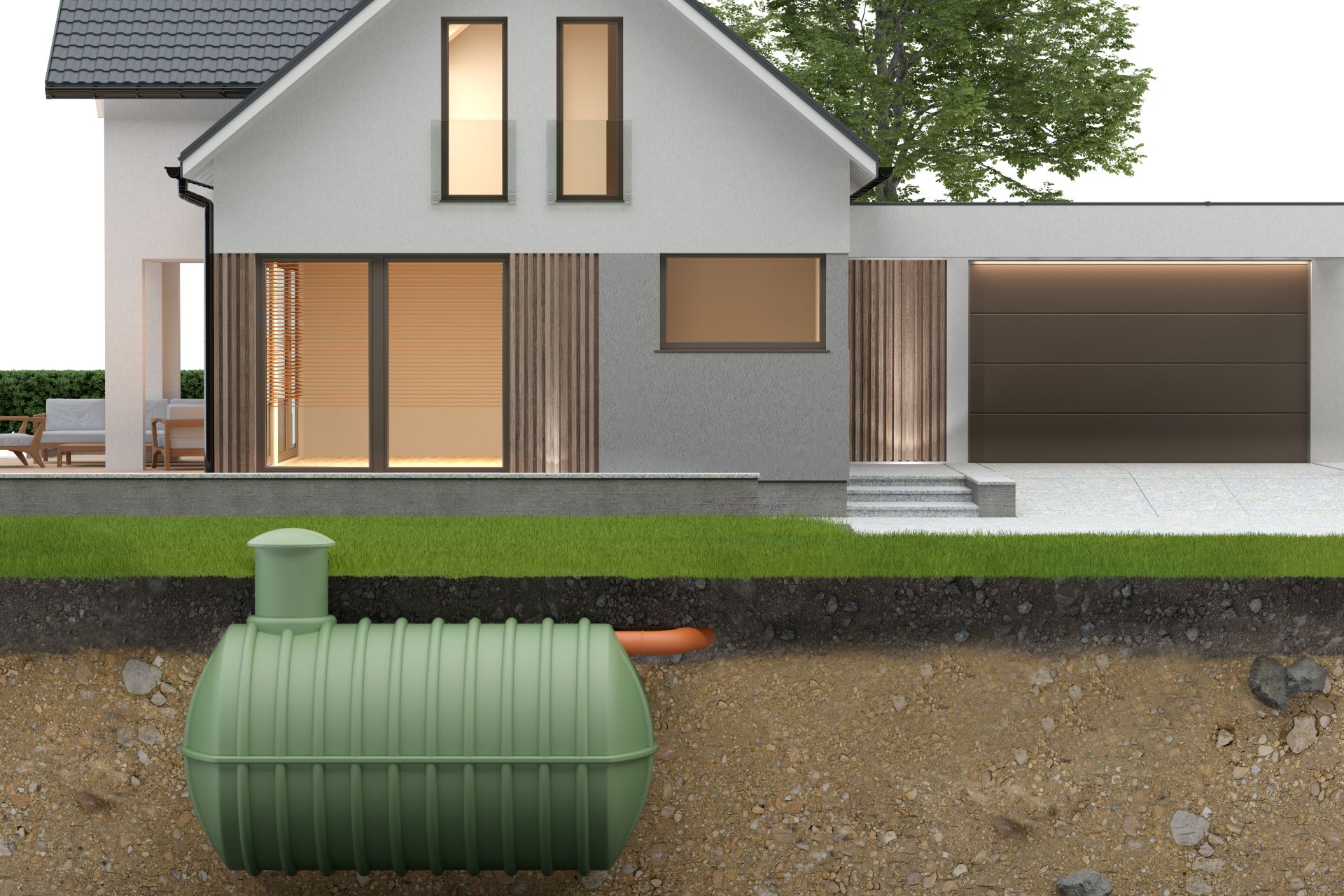 Querschnitt eines Hauses mit unterirdisch eingebautem Regenwassertank aus Kunststoff
