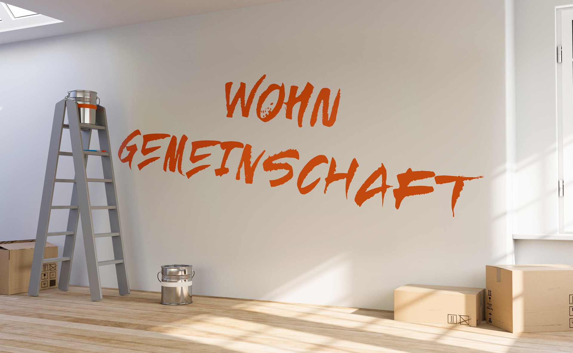 Wand mit Schriftzug Wohngemeinschaft | Blumentöpfe